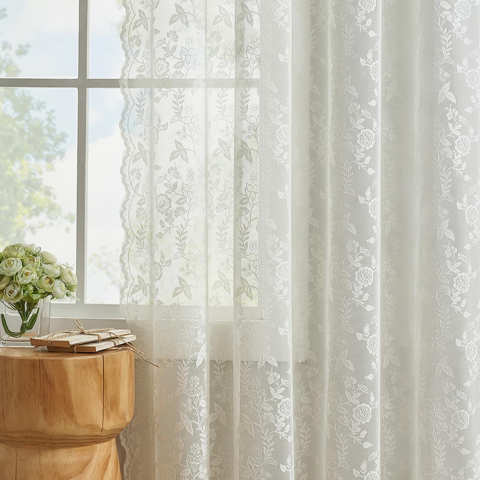 FineCity ivory lace curtains scalloped floral lace close-up