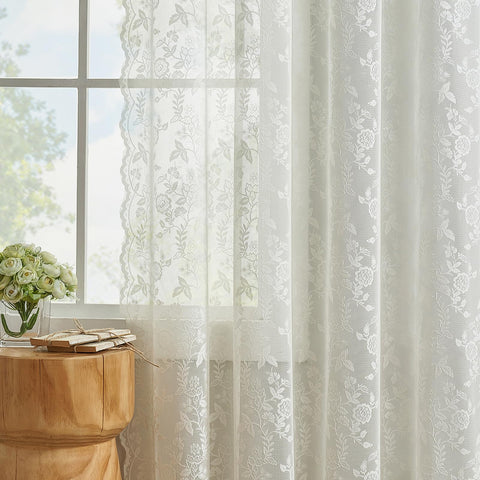 FineCity ivory lace curtains scalloped floral lace close-up