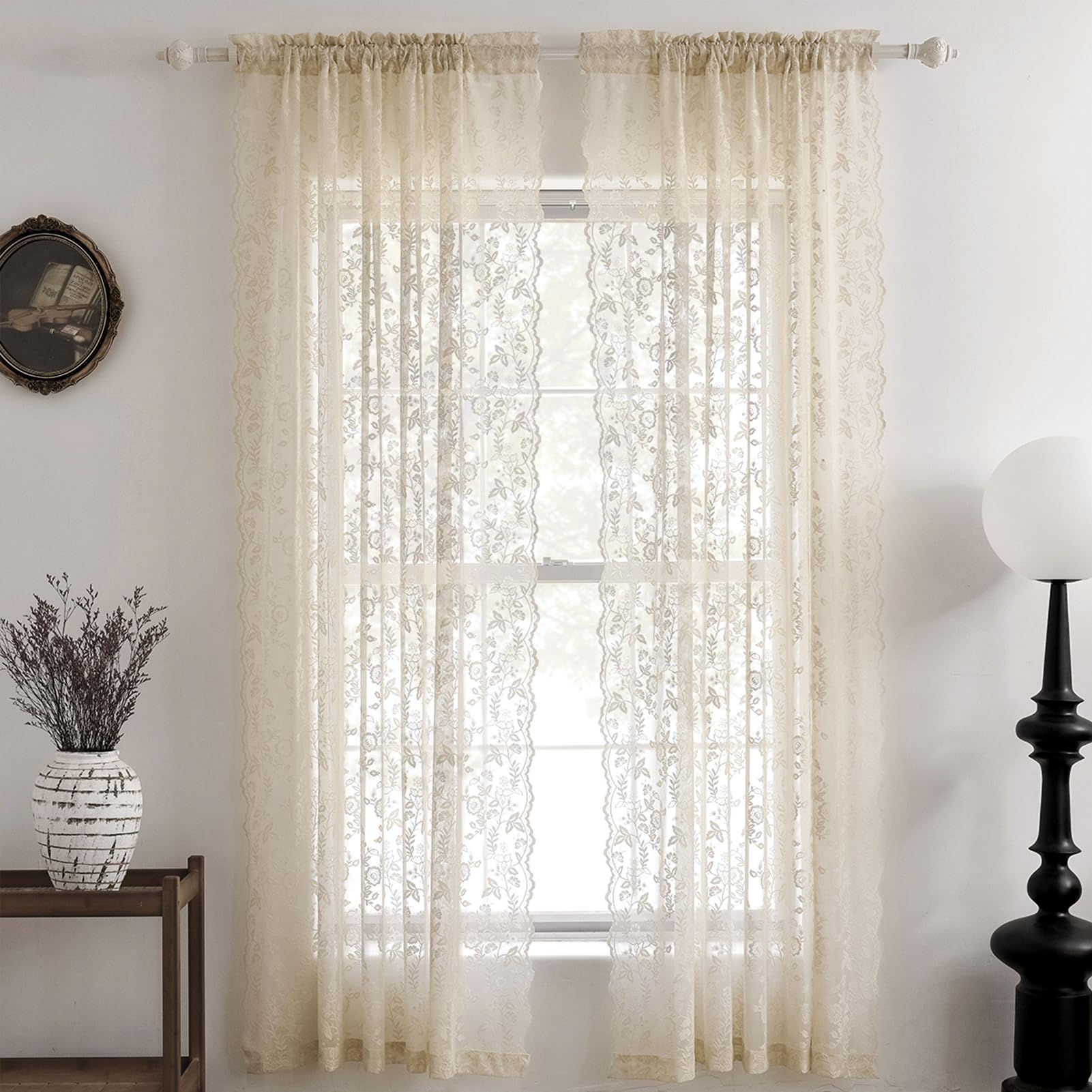 FINECITY soft-beige light-filtering lace creates cozy mornings