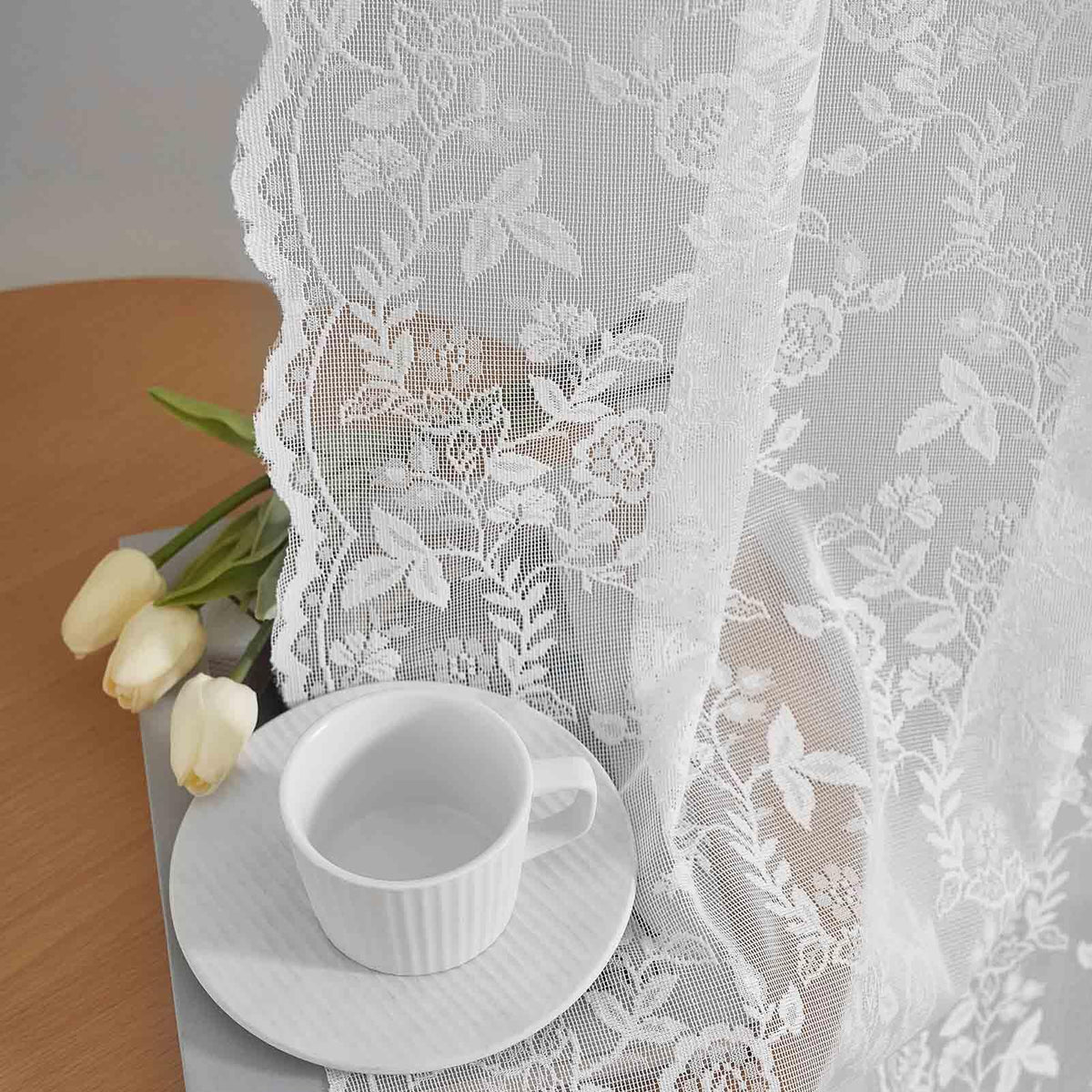 FINECITY white lace curtains pair, 63 inch, lightweight privacy with natural daylight