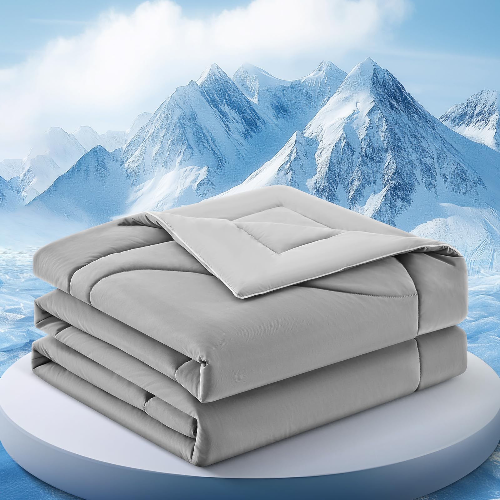 FineMay cooling comforter in queen size on bed for a cooler night's sleep.