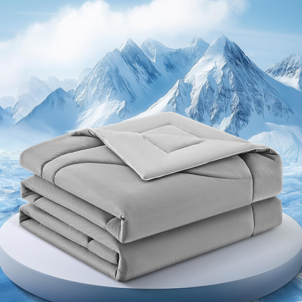 FineMay cooling comforter in queen size on bed for a cooler night's sleep.
