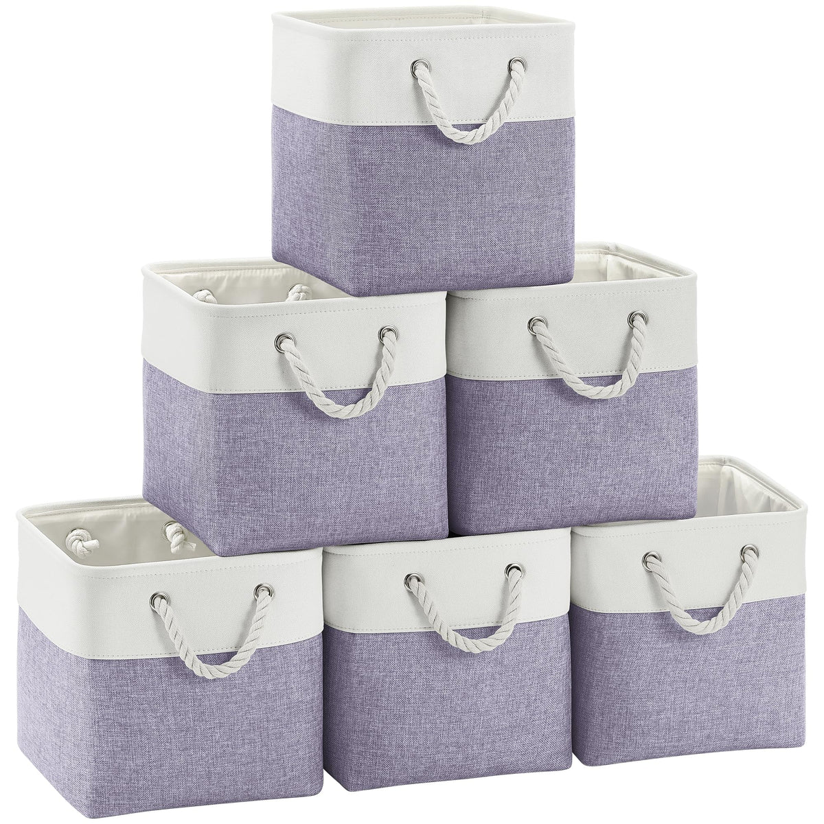 FinishingBo cube bin in white and purple for tidy closets and shelves.