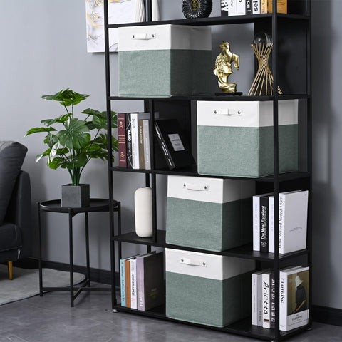 FinishingBo white-green bin on wood shelf adds chic organization.