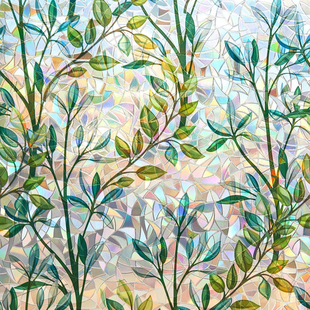 Finnez window film reveals a rainbow leaf effect, adding privacy and color to bright spaces.