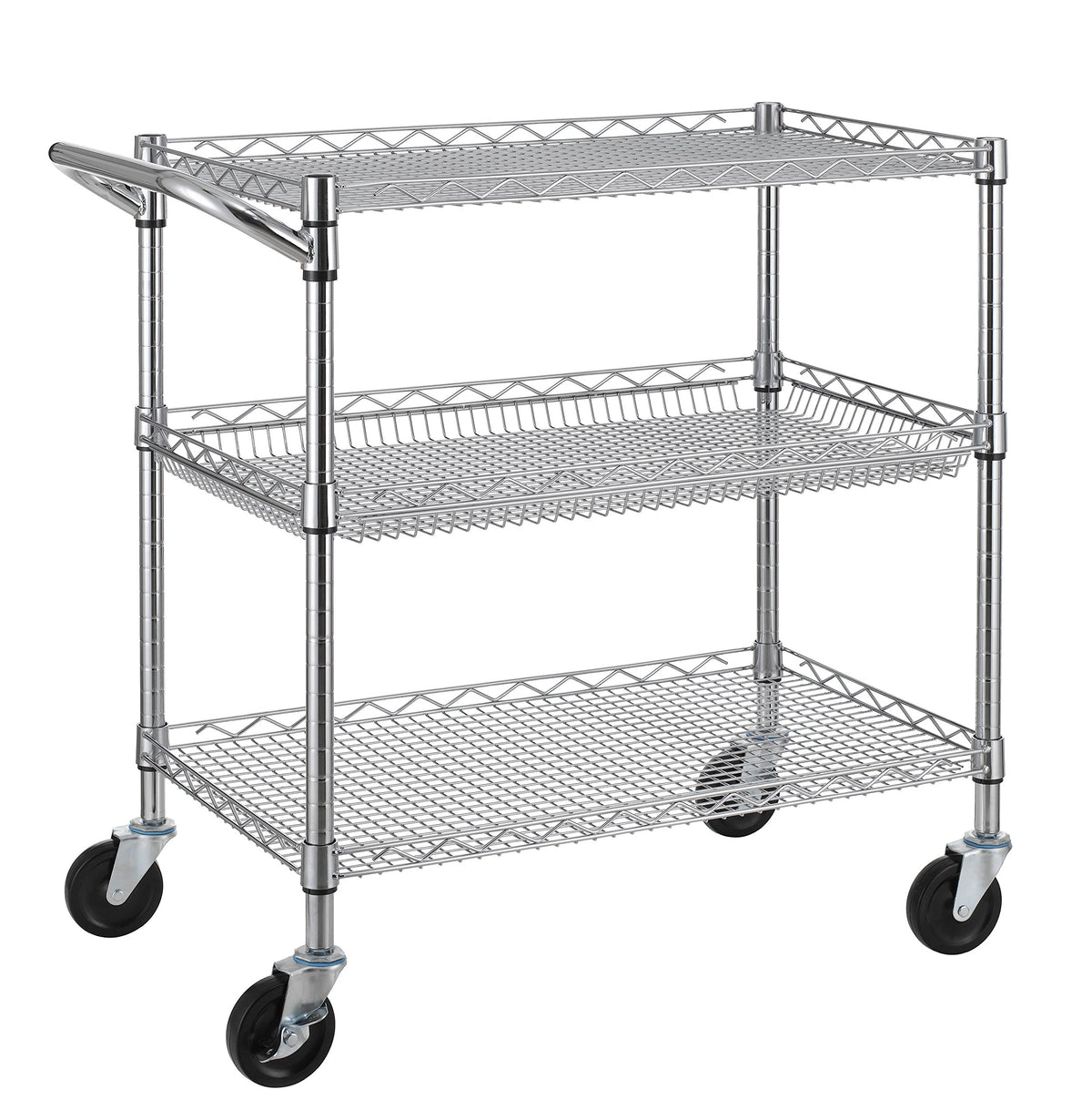 Finnhomy 3-tier cart front view shows sturdy chrome shelves for heavy loads.