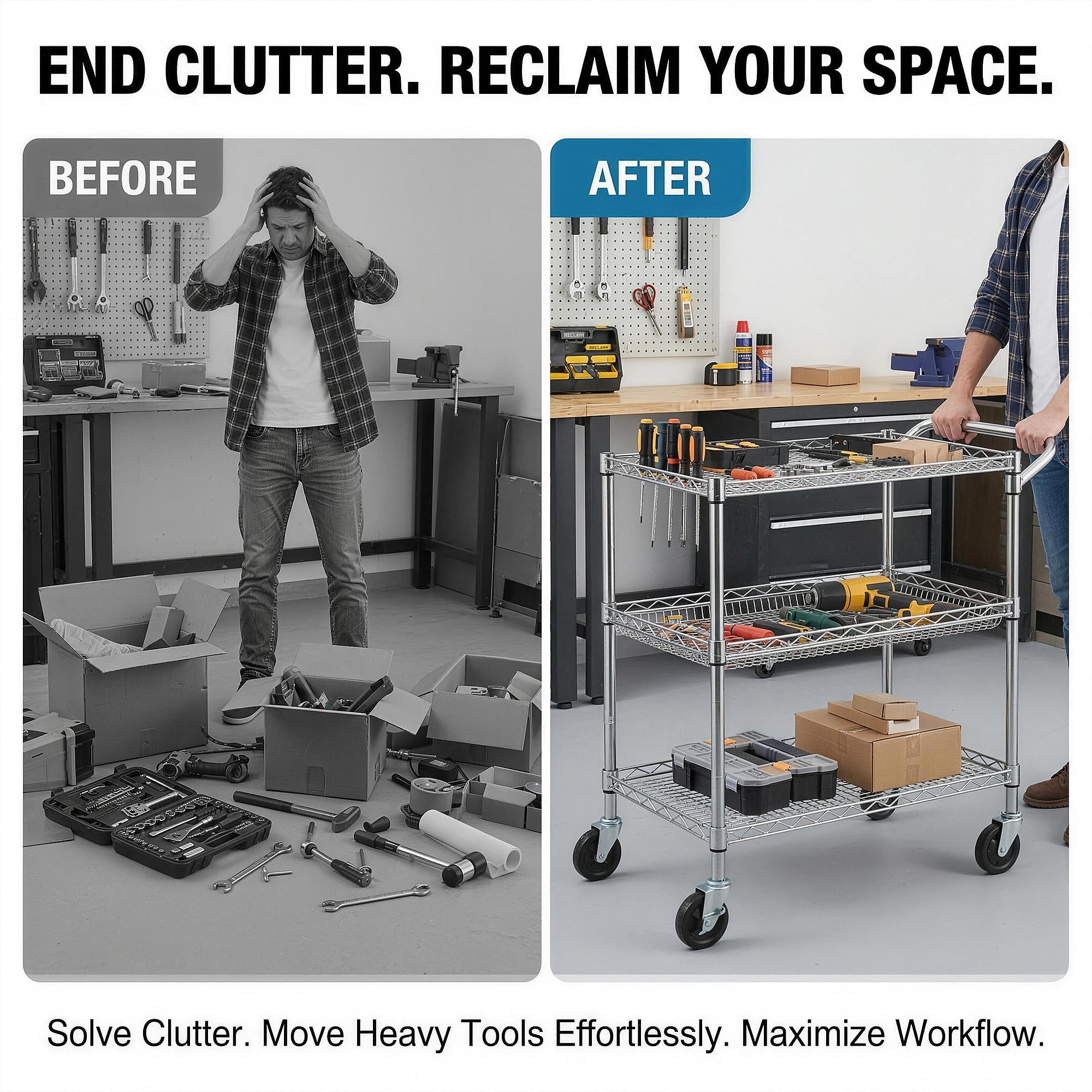 Finnhomy 3-tier cart handle bar enables comfortable pushing through rooms.