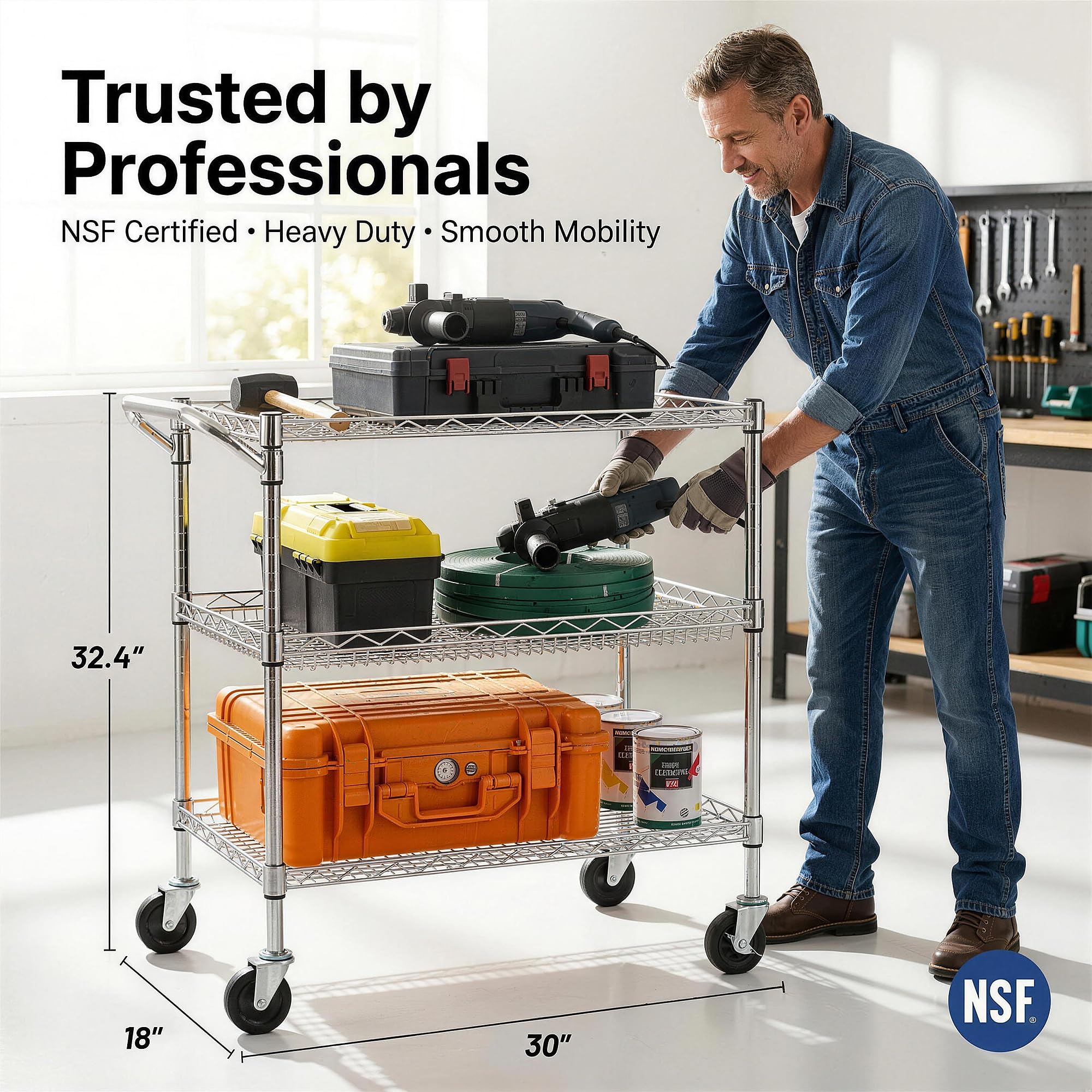 Finnhomy 3-tier cart side view highlights smooth rolling wheels for easy transport.