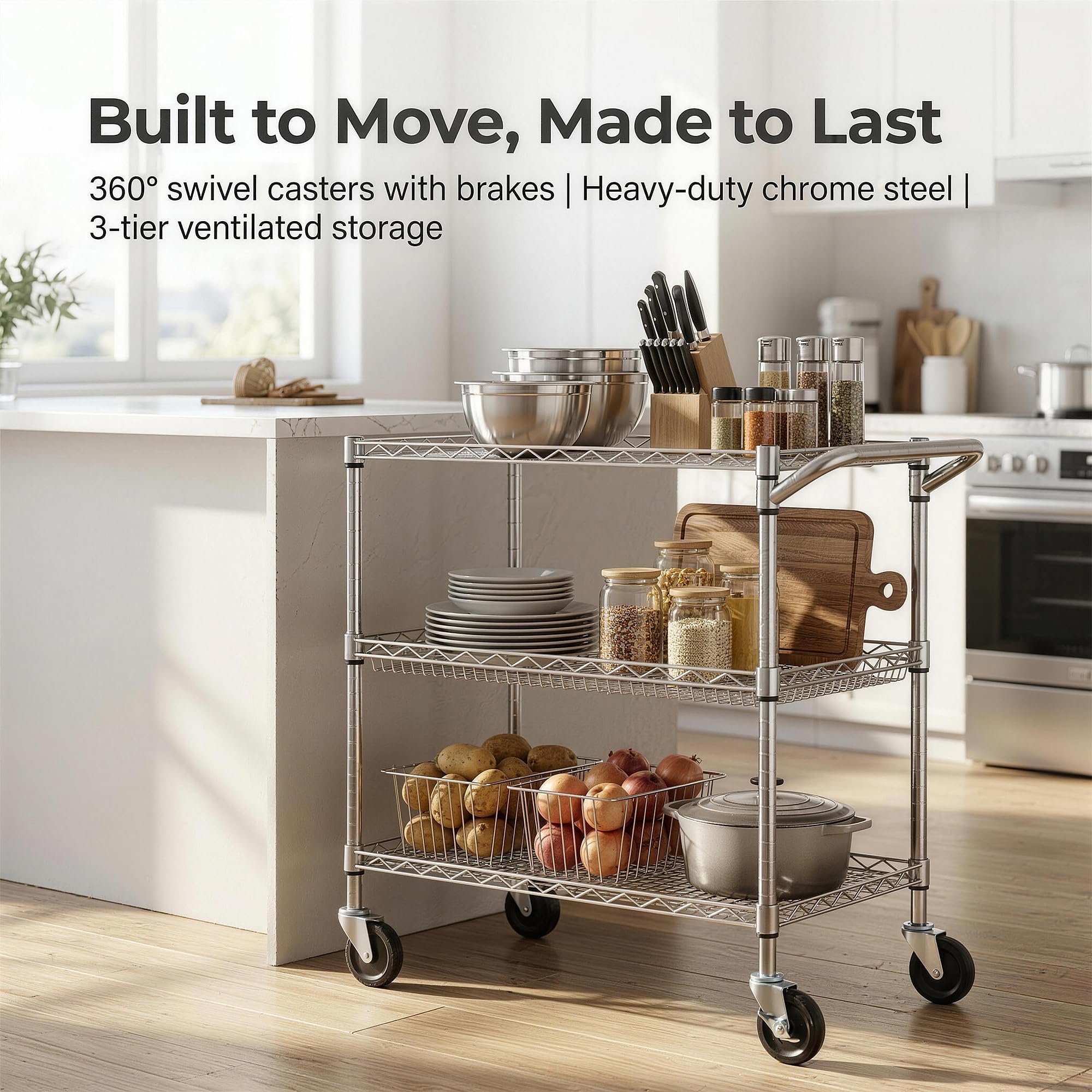 Finnhomy 3-tier cart wheels enable easy rolling mobility for busy spaces.