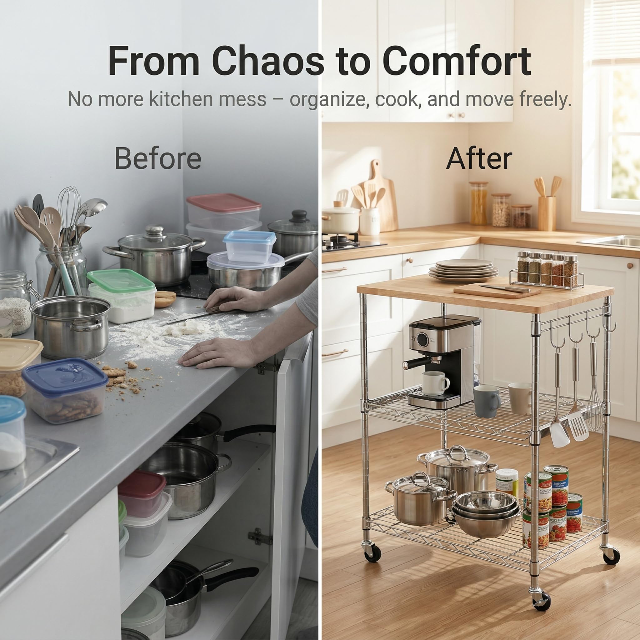 Finnhomy anti-rust shelves resist moisture while keeping vegetables and utensils organized.