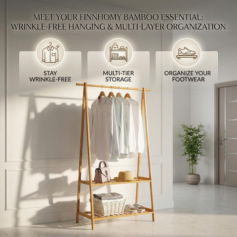 Finnhomy Bamboo Clothes Rack 60 inches high highlighting tall silhouette.