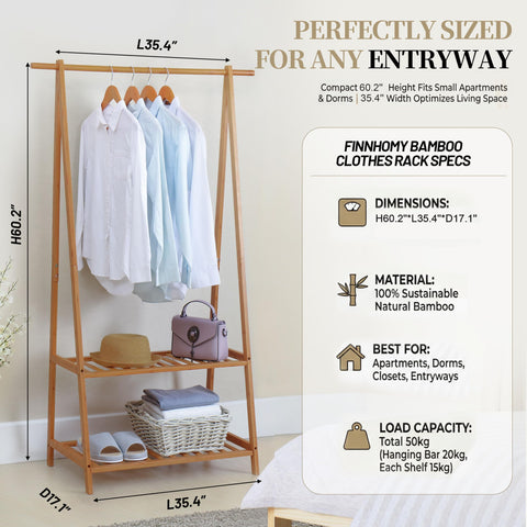 Finnhomy Bamboo Clothes Rack in bedroom illustrating clean storage space.