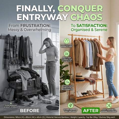 Finnhomy Bamboo Clothes Rack portable design suitable for entryway and bedroom.