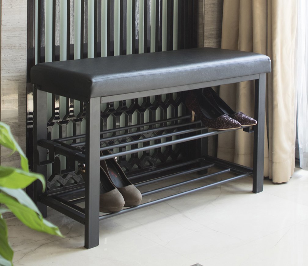 Finnhomy entryway shoe rack with cushioned seat for comfortable shoe changes.