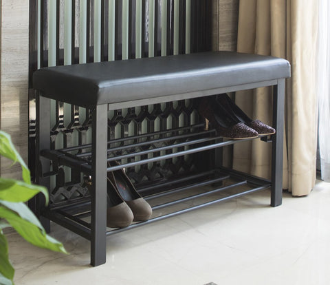 Finnhomy entryway shoe rack with cushioned seat for comfortable shoe changes.