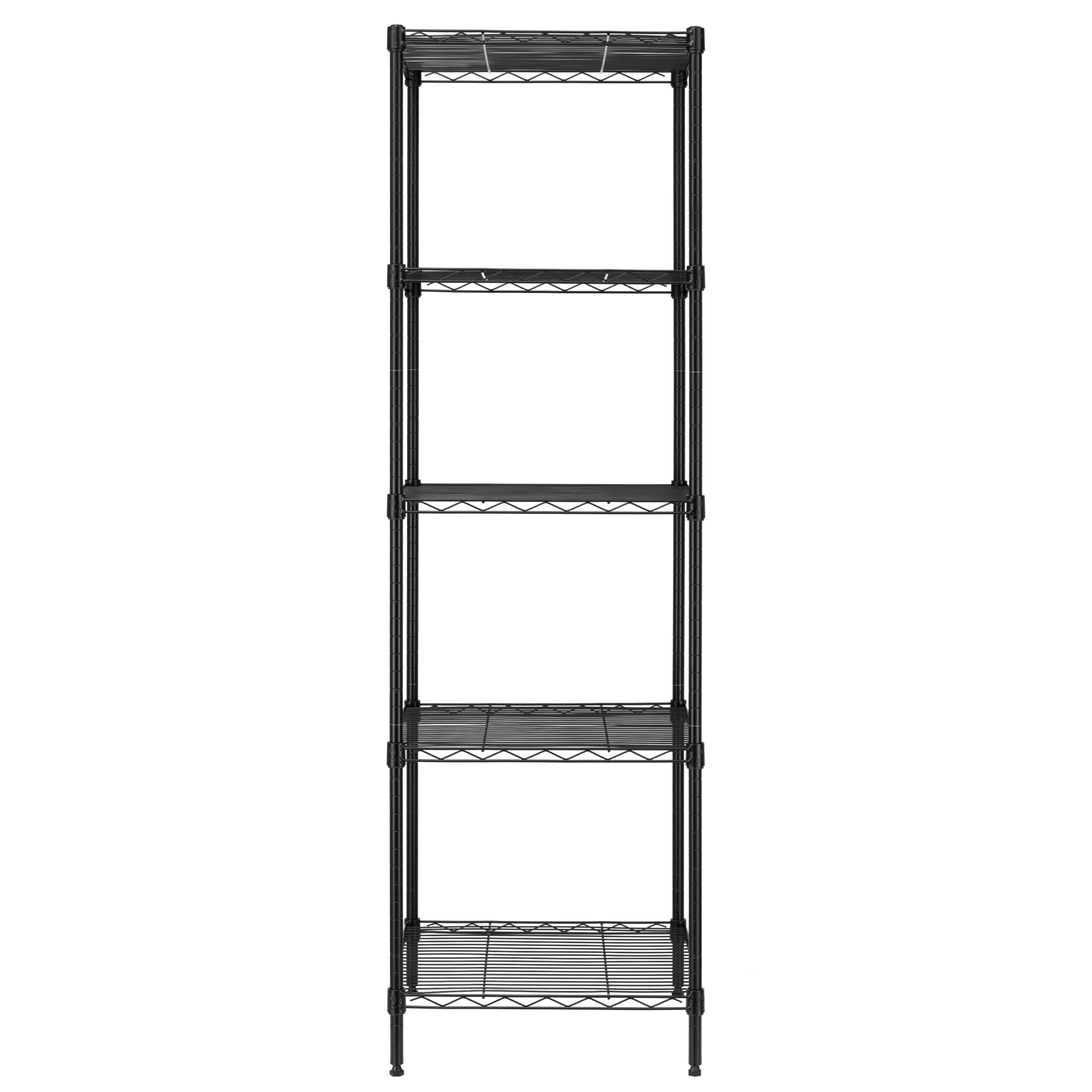 Finnhomy heavy-duty 5-tier shelf assembly showing tool-free setup and secure placement