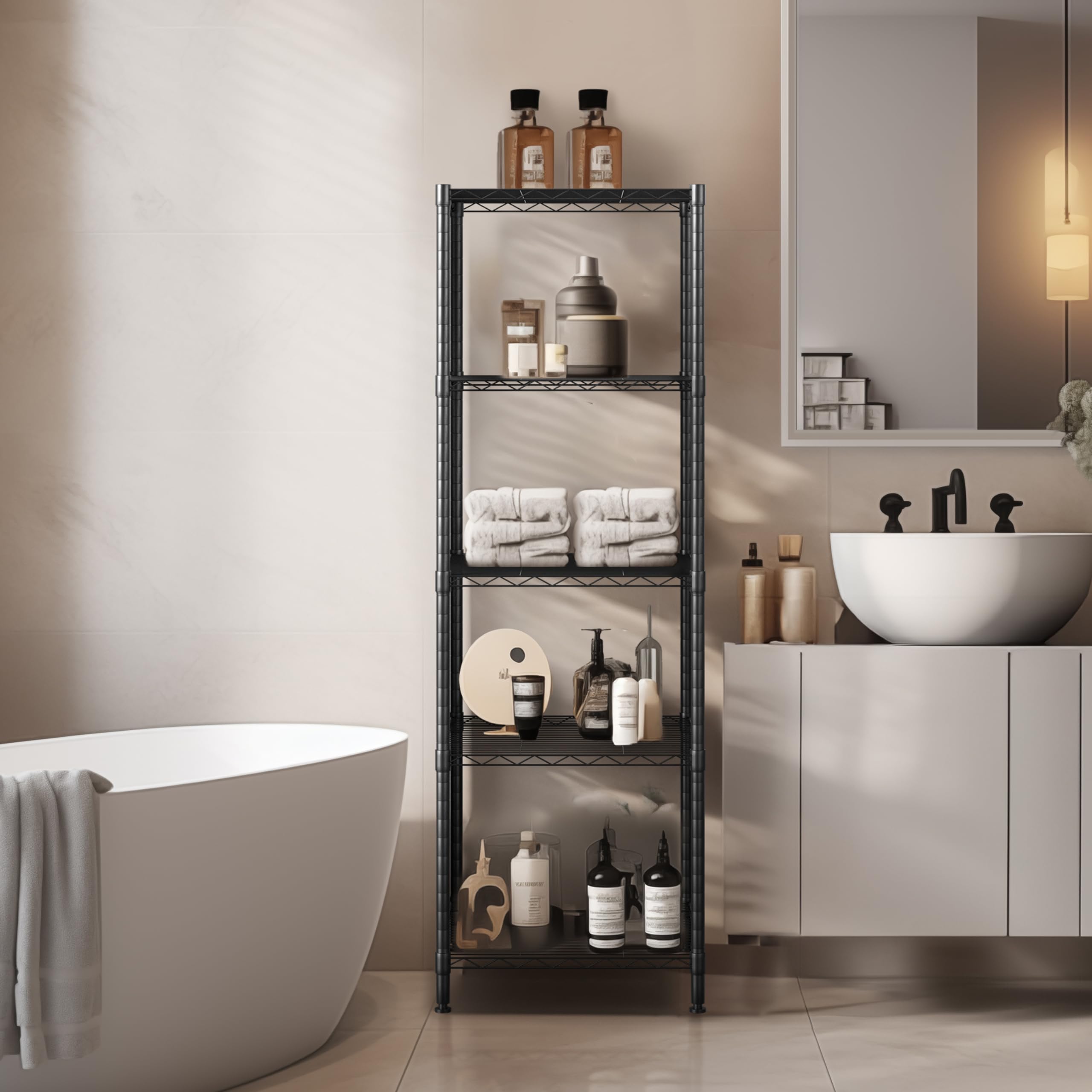 Finnhomy shelving unit side view highlighting sturdy frame and balanced load