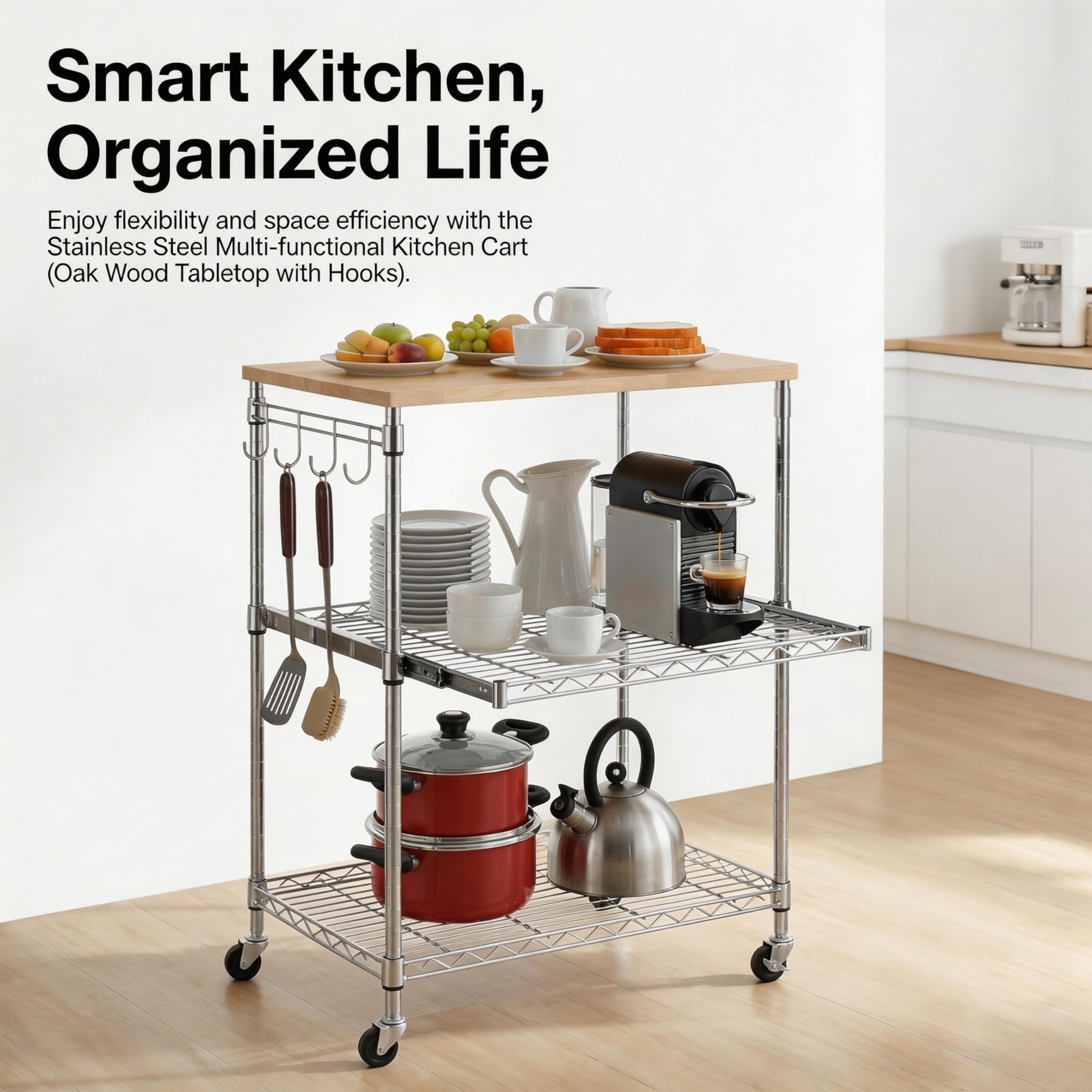 Finnhomy heavy-duty wheels enable smooth movement around the kitchen.
