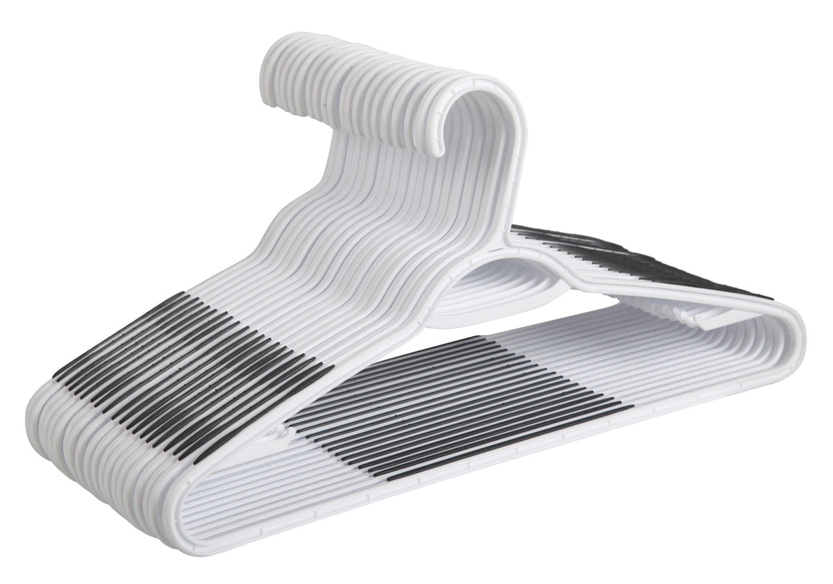 Finnhomy plastic hangers with non-slip pads keep garments secure and smooth.