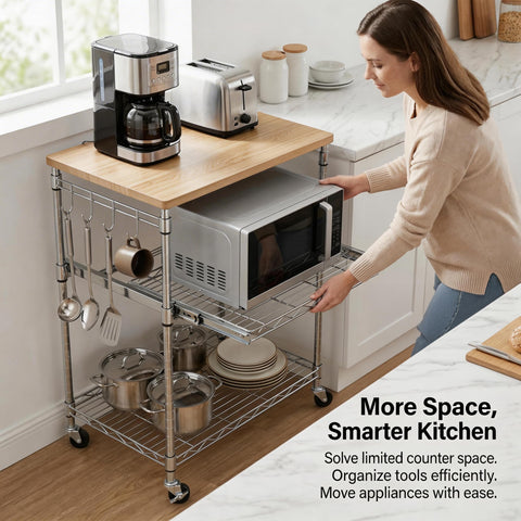 Finnhomy removable wood top doubles as butcher-block prep surface for extra workspace.