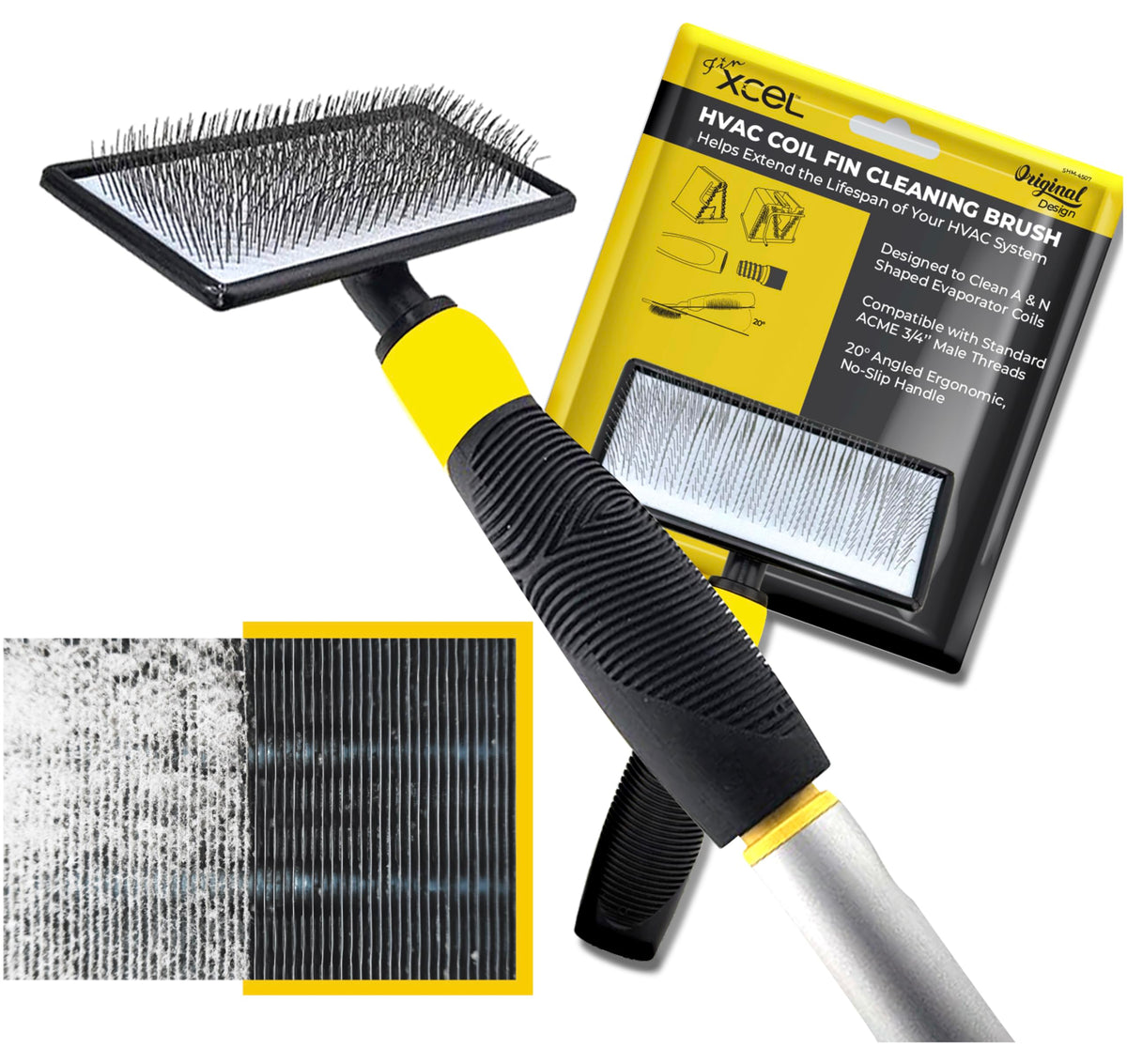 FinXCEL coil cleaning brush with 135° pins cleans between fins for deep dirt removal.