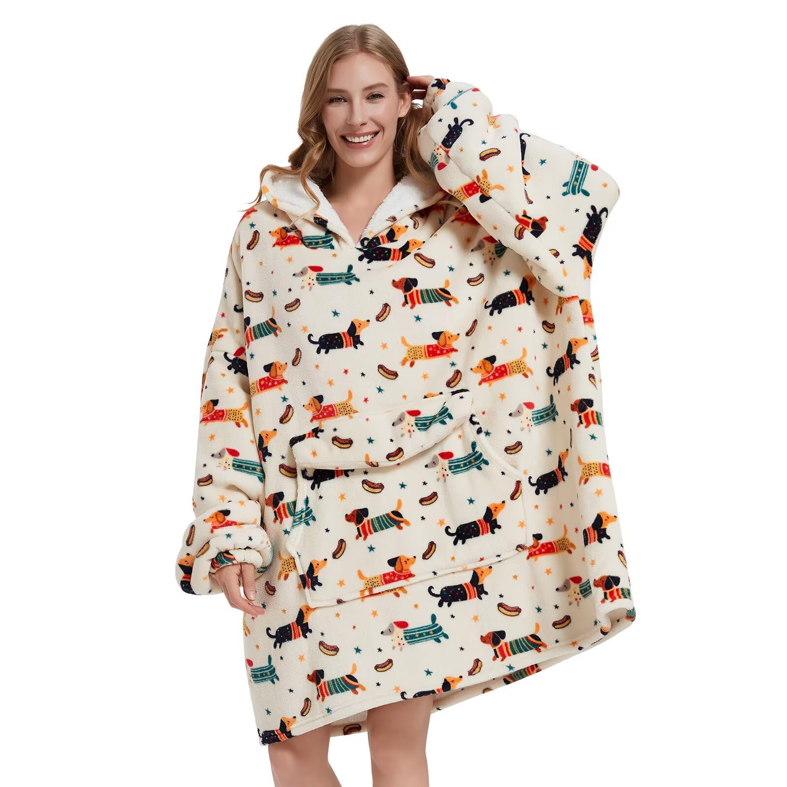 Fiosnow dachshund blanket hoodie front view offers oversized warmth for cozy lounging.