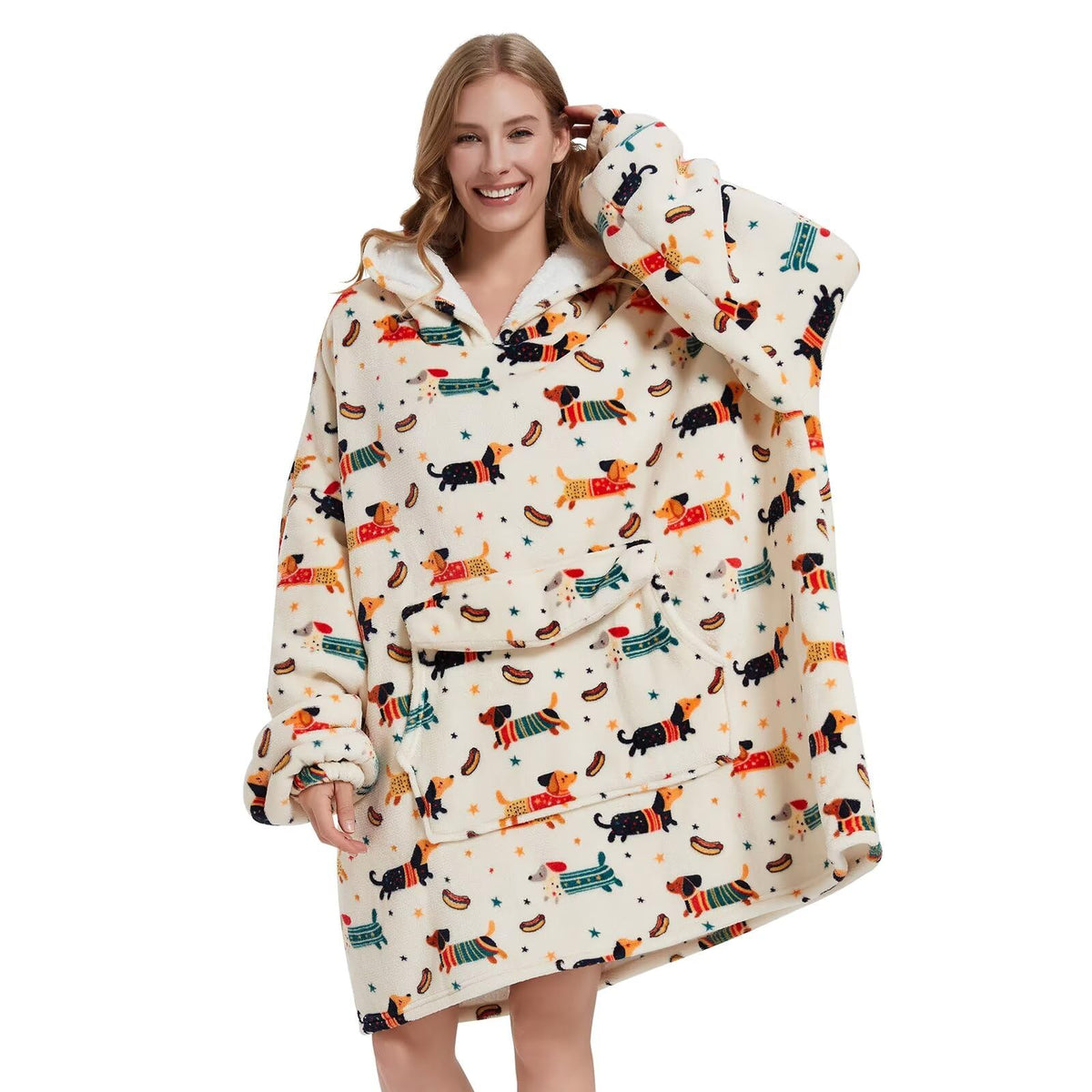 Fiosnow dachshund blanket hoodie front view offers oversized warmth for cozy lounging.