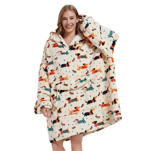Fiosnow dachshund blanket hoodie front view offers oversized warmth for cozy lounging.