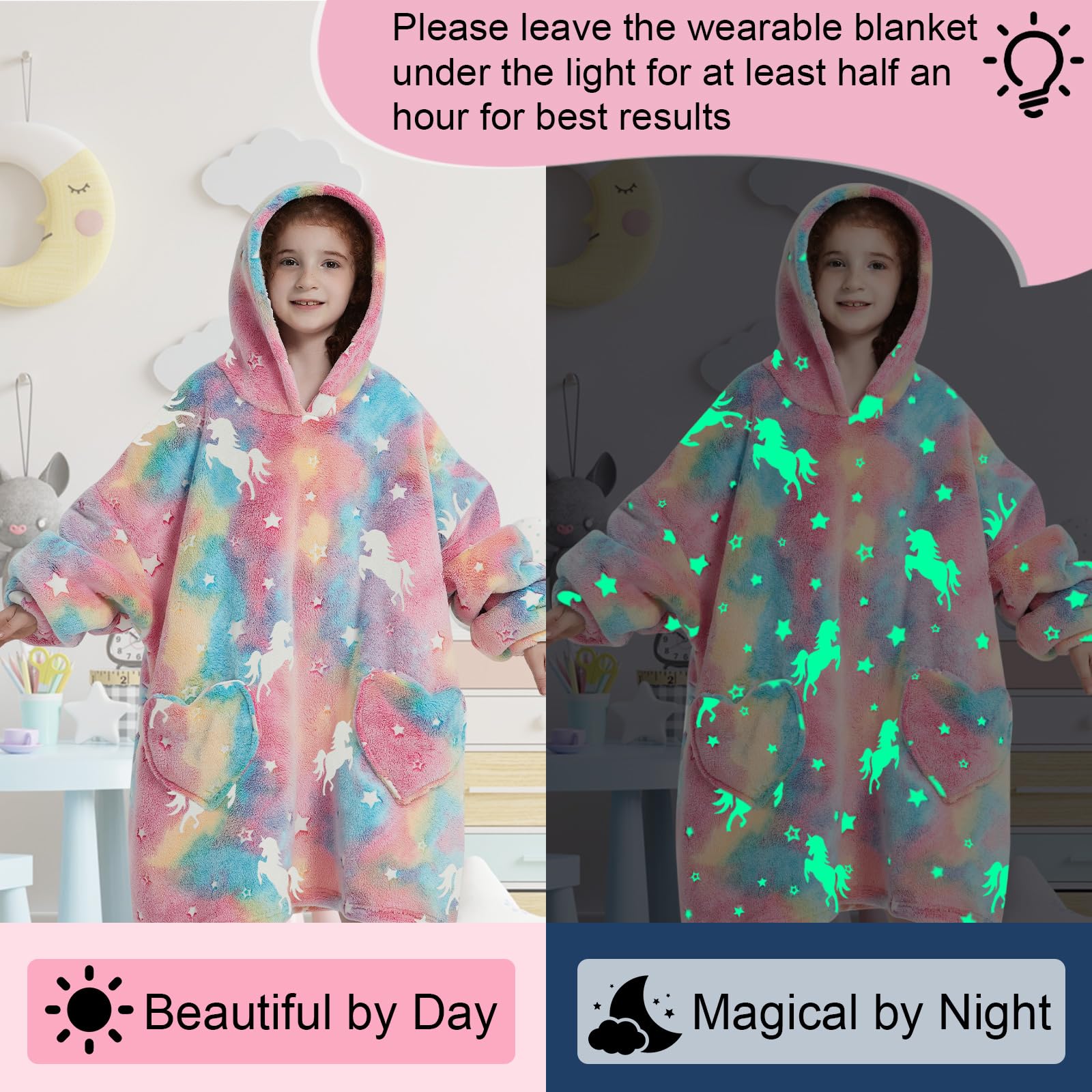 Fiosnow glow-in-the-dark unicorn hoodie for kids, back view, oversized warmth for lounging