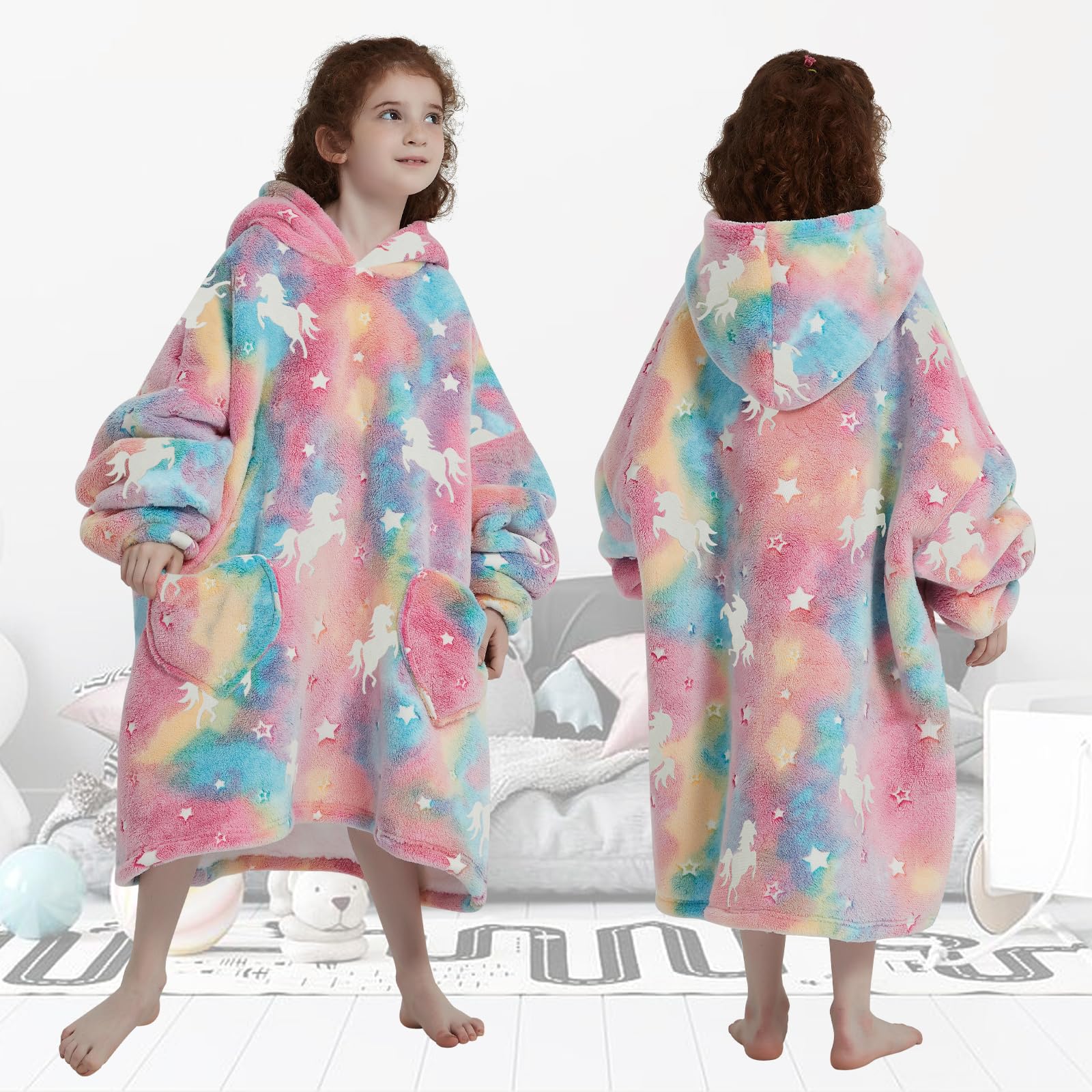 Fiosnow glow-in-the-dark unicorn hoodie for kids, fabric close-up, durable plush texture