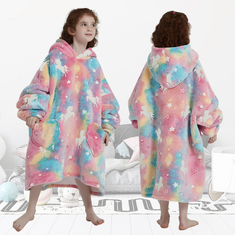 Fiosnow glow-in-the-dark unicorn hoodie for kids, fabric close-up, durable plush texture