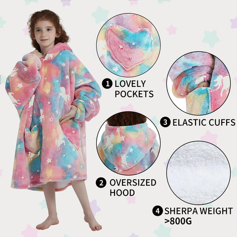 Fiosnow glow-in-the-dark unicorn hoodie for kids, inner sherpa lining, extra-soft warmth