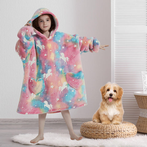 Fiosnow glow-in-the-dark unicorn hoodie for kids, pocket detail, handy for snacks and small items
