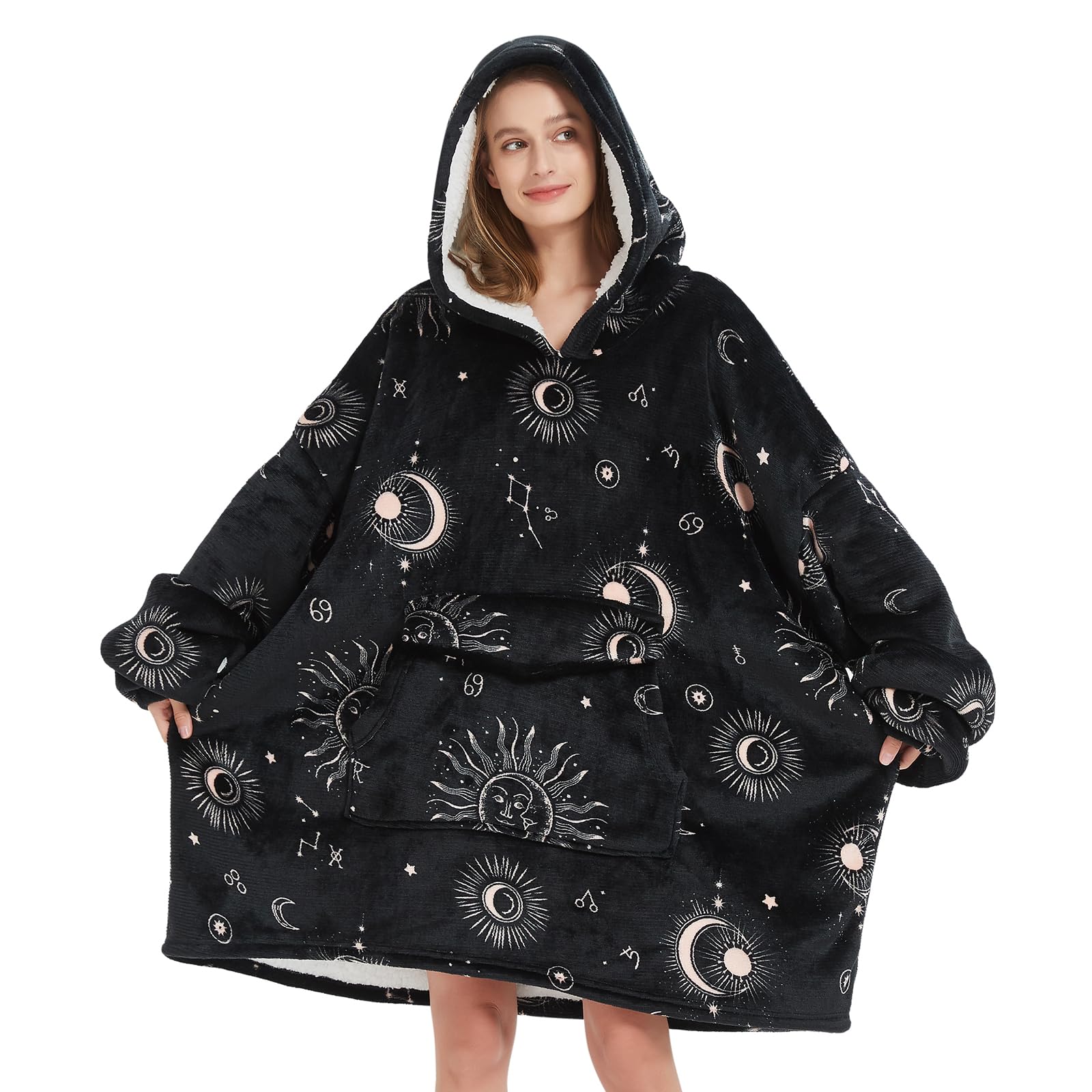 Fiosnow sun and moon hoodie front view showcases cozy warmth for home lounging.