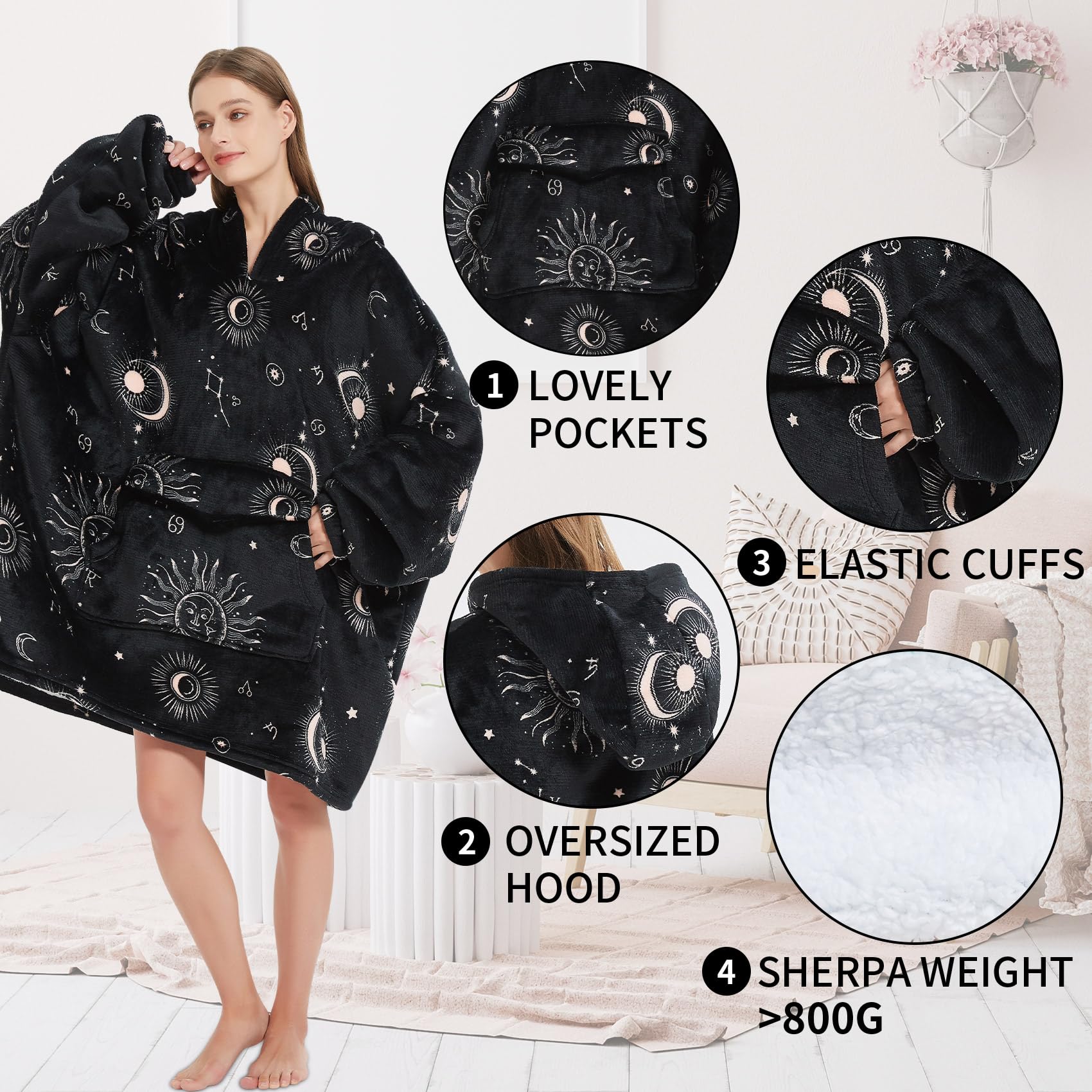 Fiosnow sun and moon hood detail shows snug fit and soft sherpa lining.