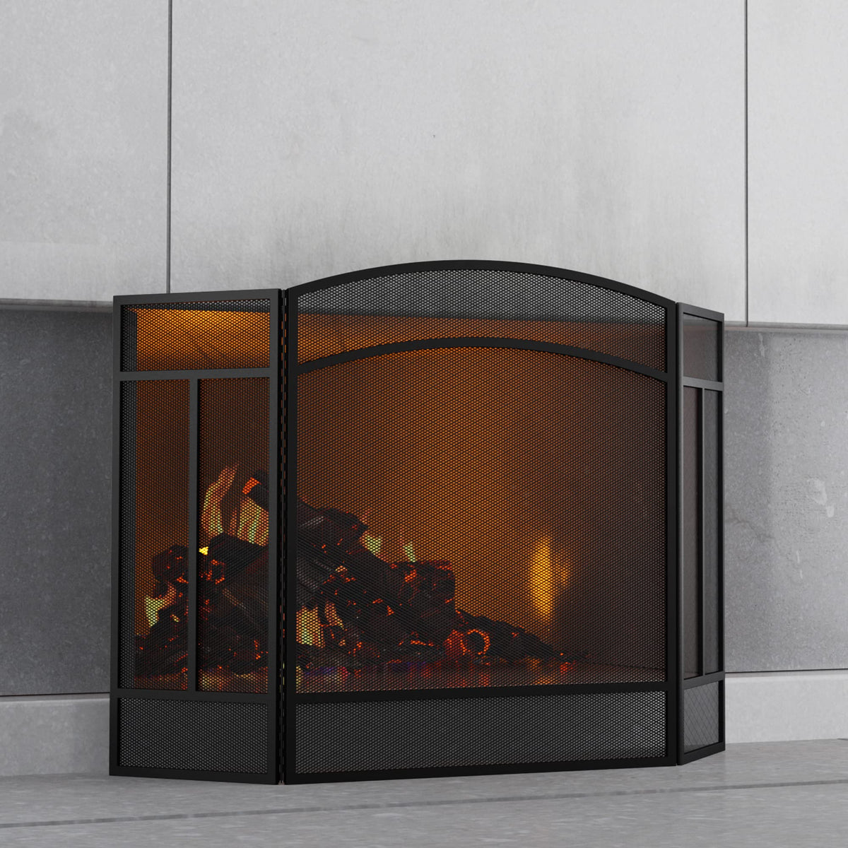 Fire Beauty fireplace screen 3-panel arch-top blocks embers while matching decor.