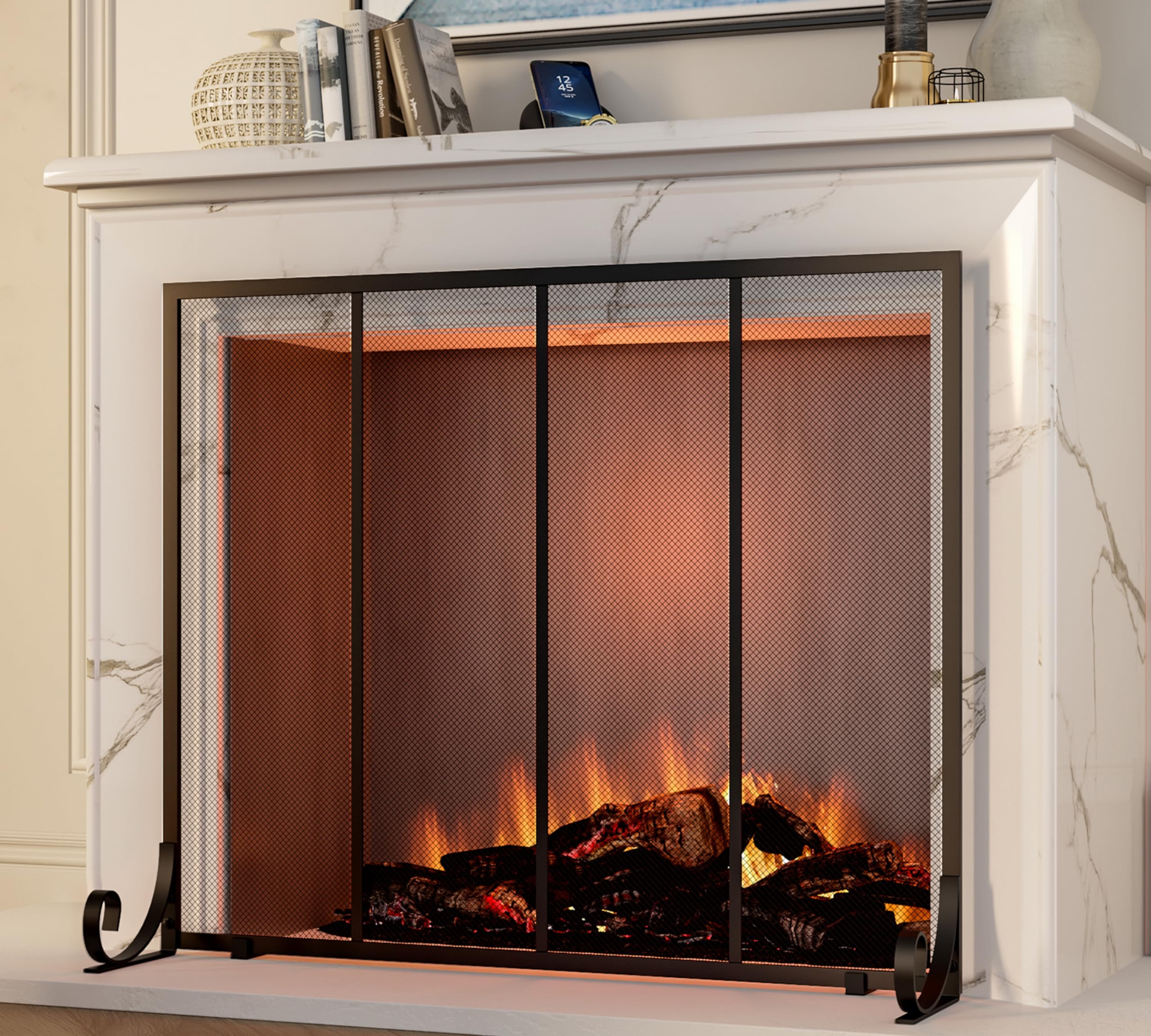 Fire Beauty flat panel fireplace screen front view highlights stability and spark protection.