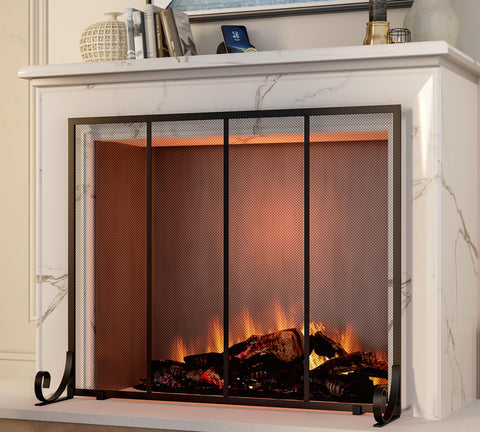 Fire Beauty flat panel fireplace screen front view highlights stability and spark protection.