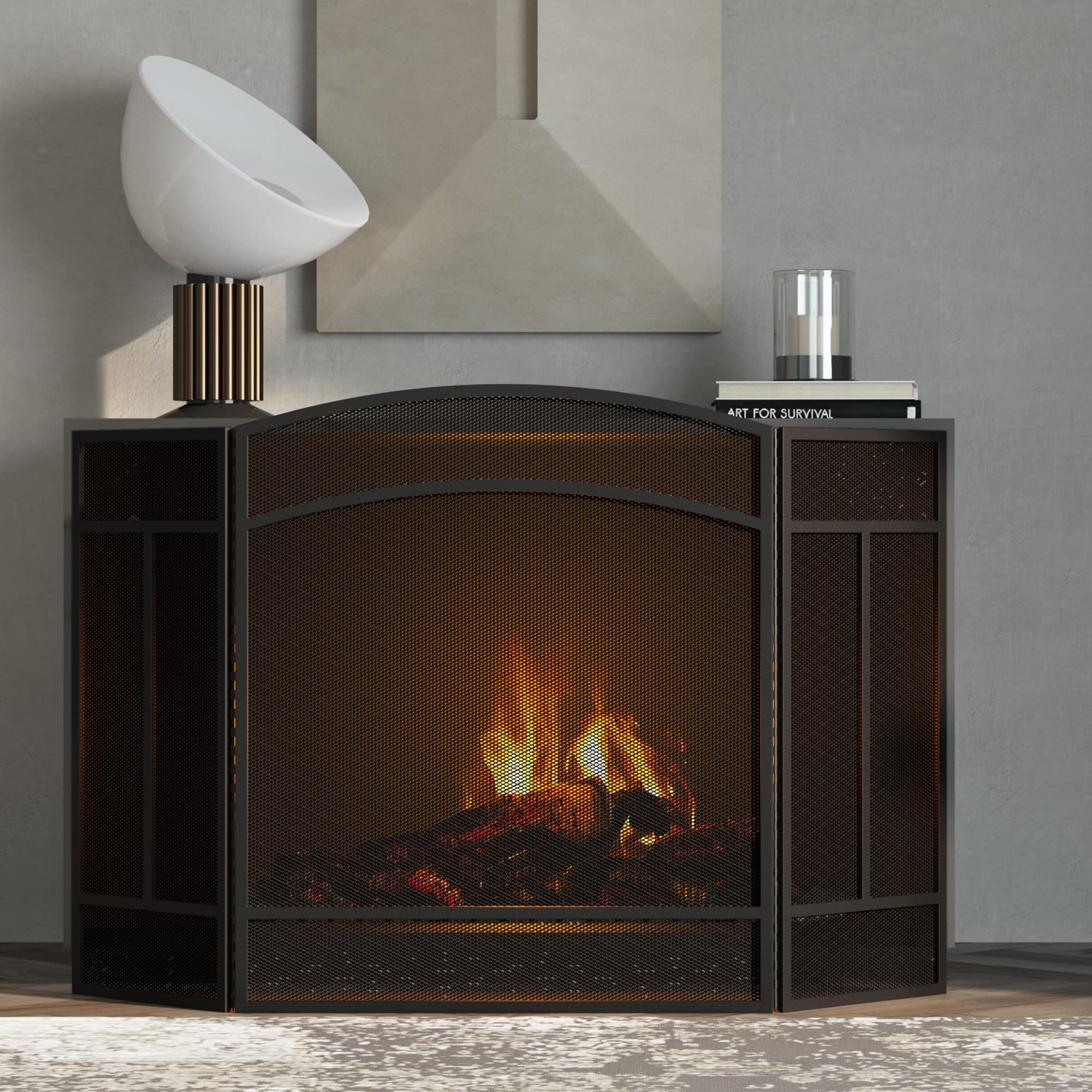 Fire Beauty spark guard with full-length hinges blocks popping embers for safety.