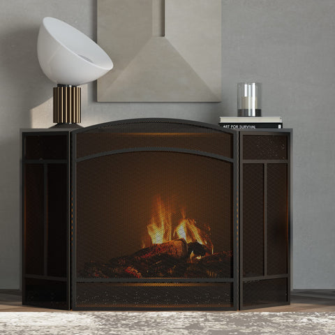 Fire Beauty spark guard with full-length hinges blocks popping embers for safety.
