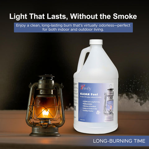Firefly Fuel Clean Fuel Lamp Oil in a lit lamp for indoor ambiance