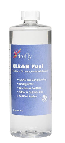 Firefly Fuel Clean lamp oil bottle provides a clean, odor-free indoor ambiance.