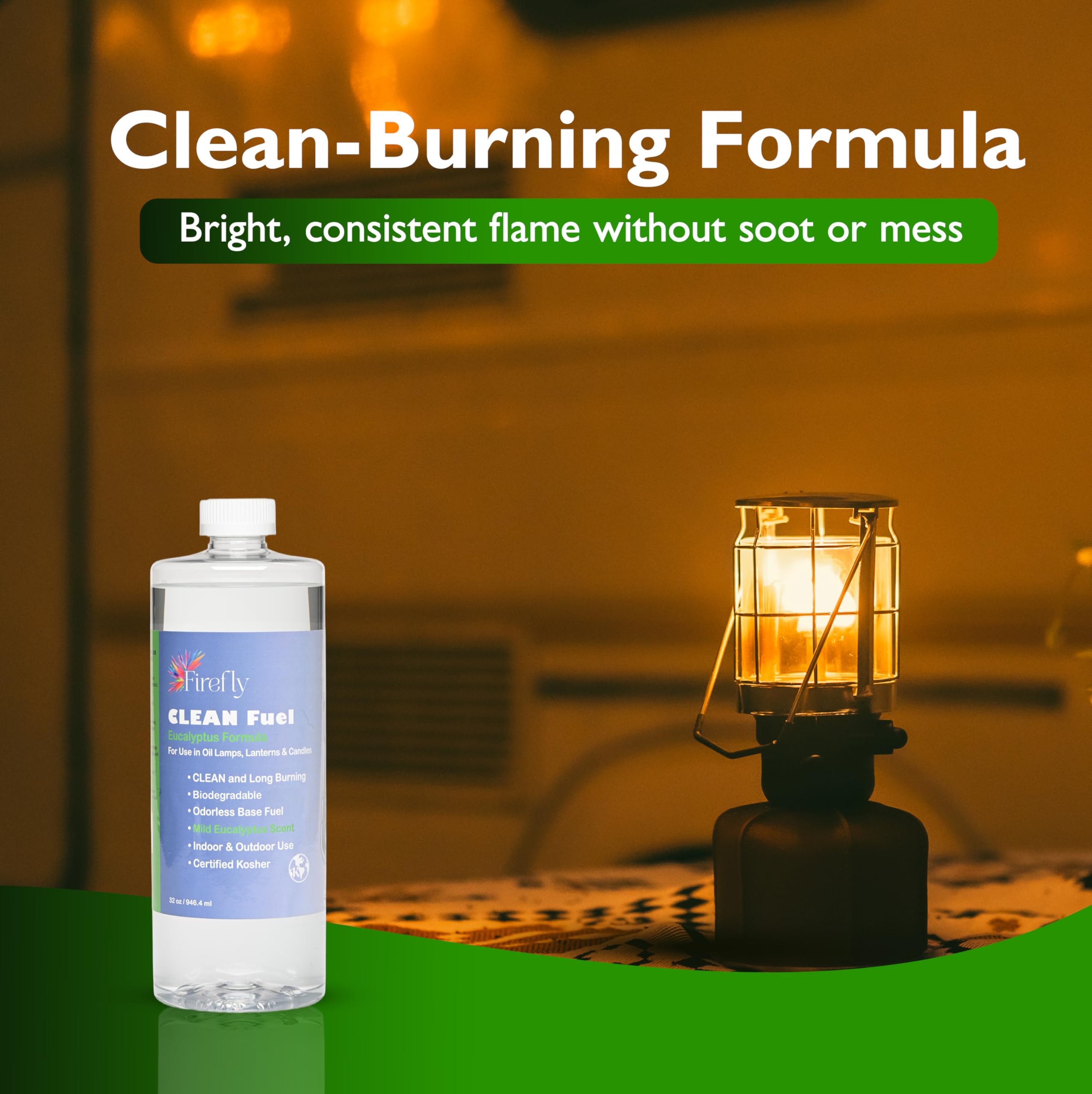 Firefly Fuel Eucalyptus lamp oil bottle label confirms Kosher-certified quality and usage guidance