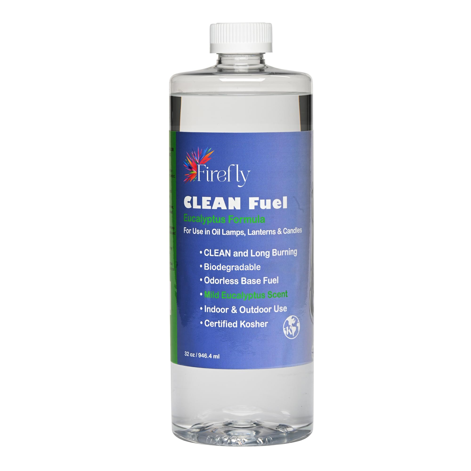 Firefly Fuel Eucalyptus lamp oil bottle ready for indoor use with clean-burning flame