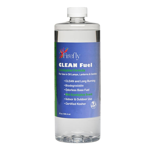 Firefly Fuel Eucalyptus lamp oil bottle ready for indoor use with clean-burning flame