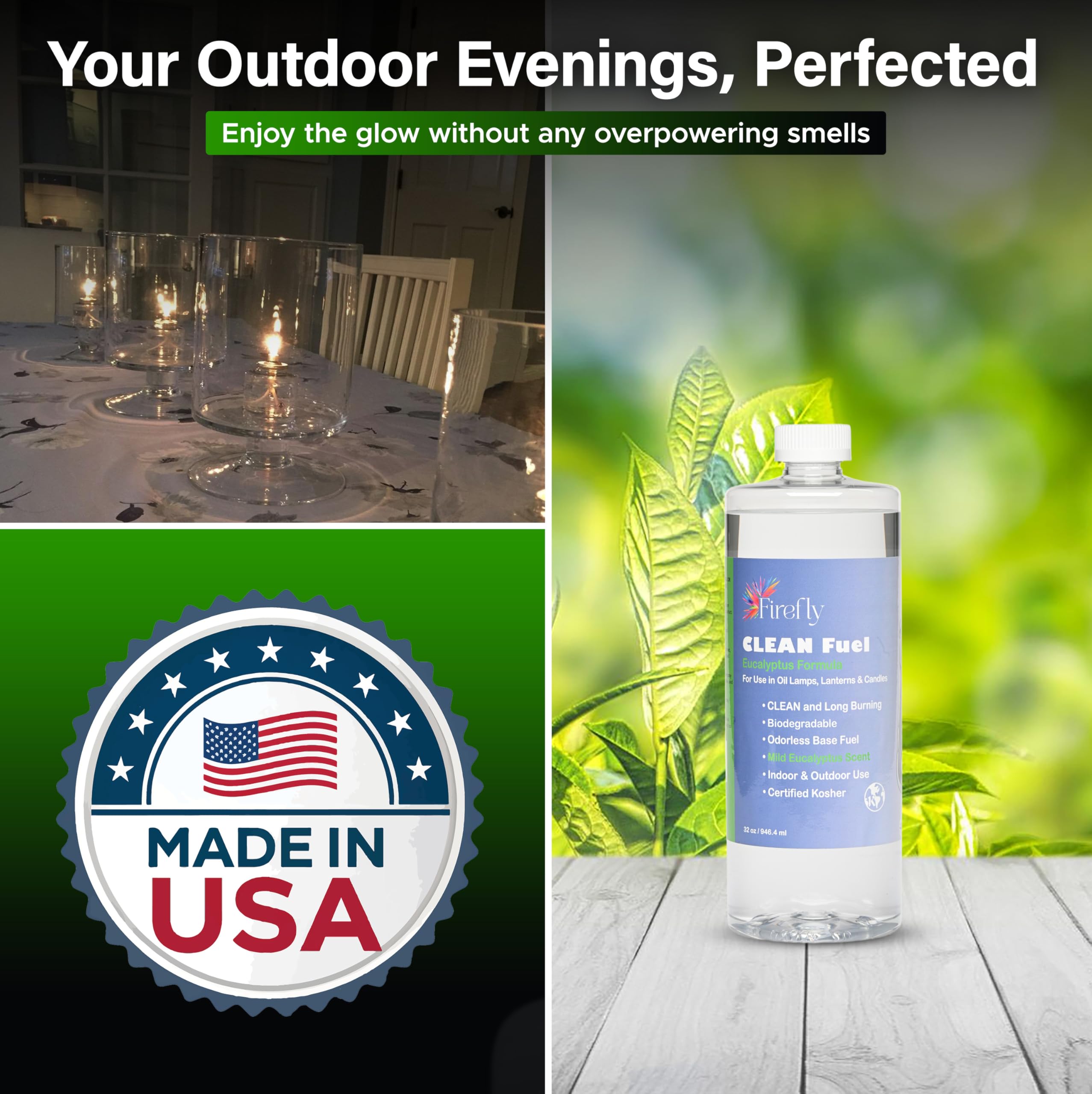 Firefly Fuel Eucalyptus lamp oil lamp on table provides a clean, cozy glow