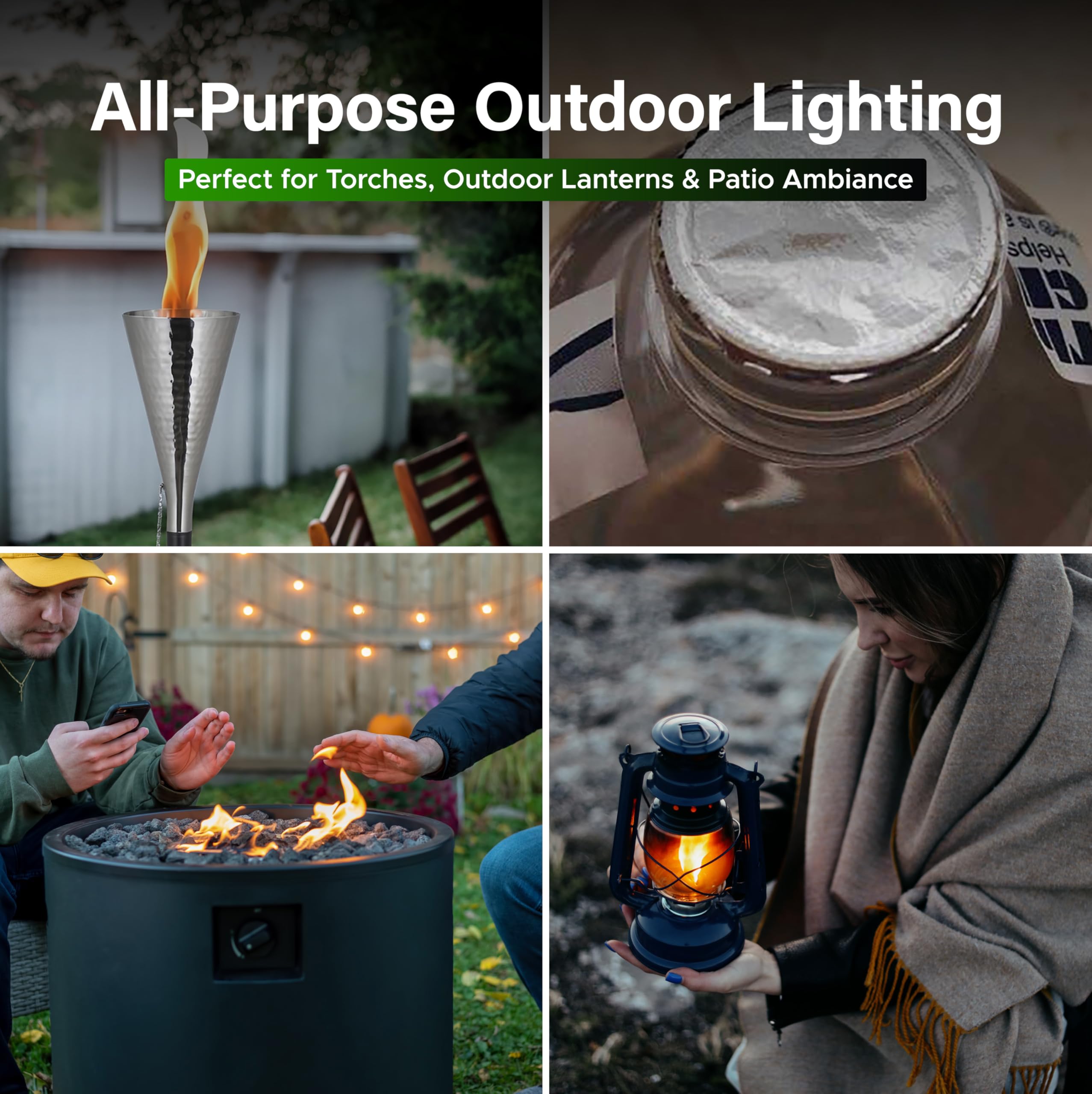 Firefly Fuel Eucalyptus lamp oil outdoor-dining setup shows flicker-free ambiance