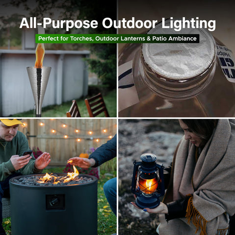 Firefly Fuel Eucalyptus lamp oil outdoor-dining setup shows flicker-free ambiance