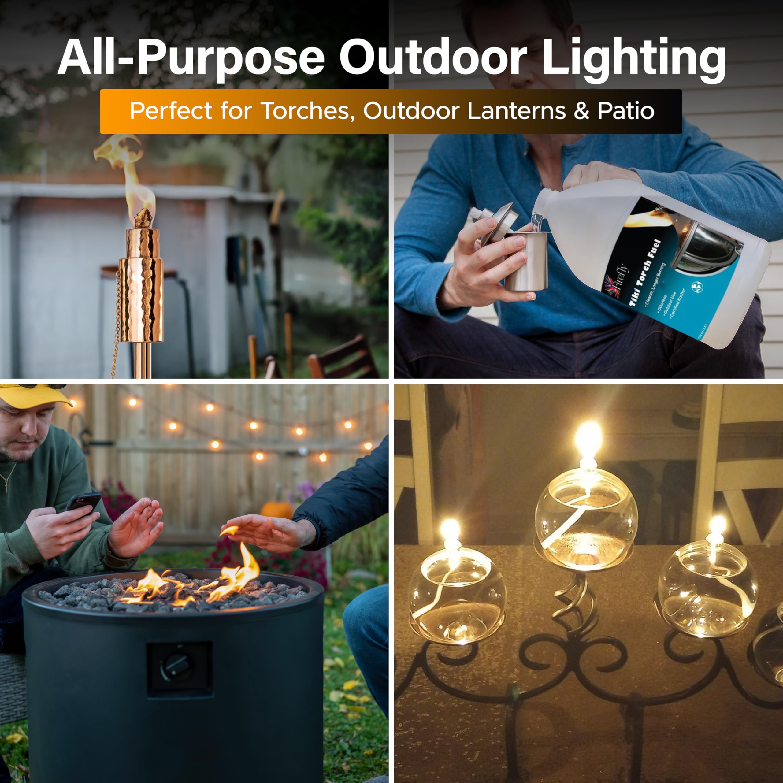 Outdoor garden setup featuring Firefly Fuel for torches and lanterns
