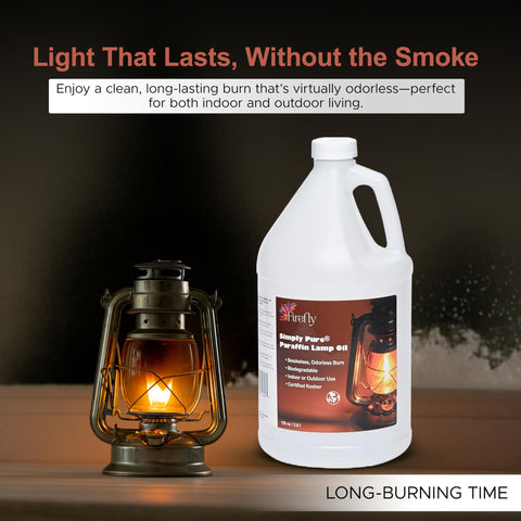 Firefly Fuel Premium Paraffin Oil powers a clean-burning outdoor lantern.